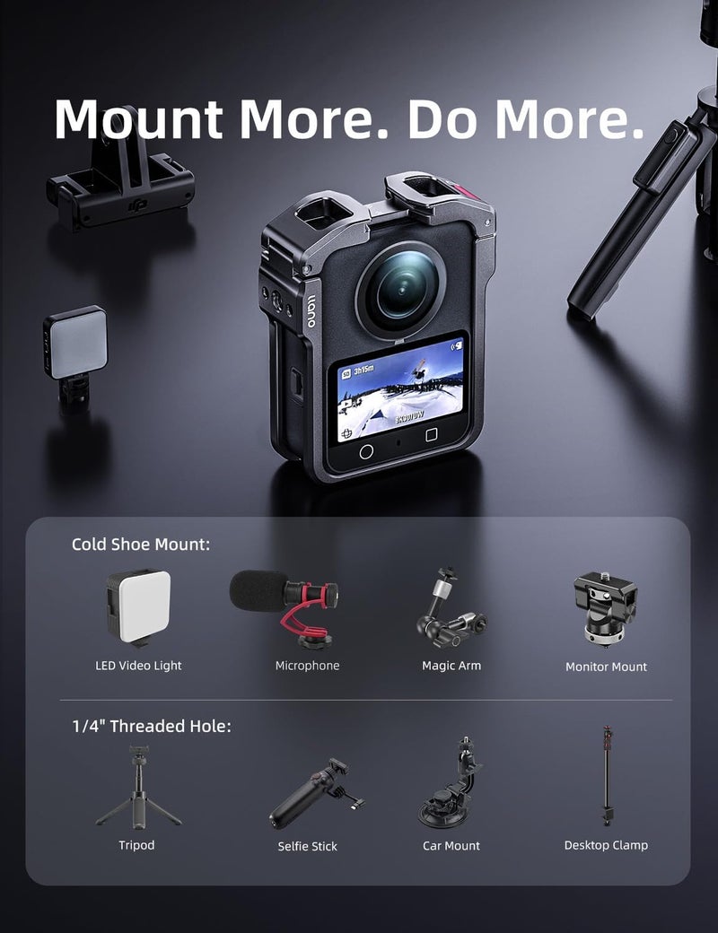 llano Aluminum Camera Cage for DJI Osmo 360 – CNC Precision Fit Protective Frame, 45g Lightweight Metal Case Compatible with DJI Mic, Cold Shoe & 1/4"-20 Mounts, Horizontal & Vertical Shooting Support - Image 5